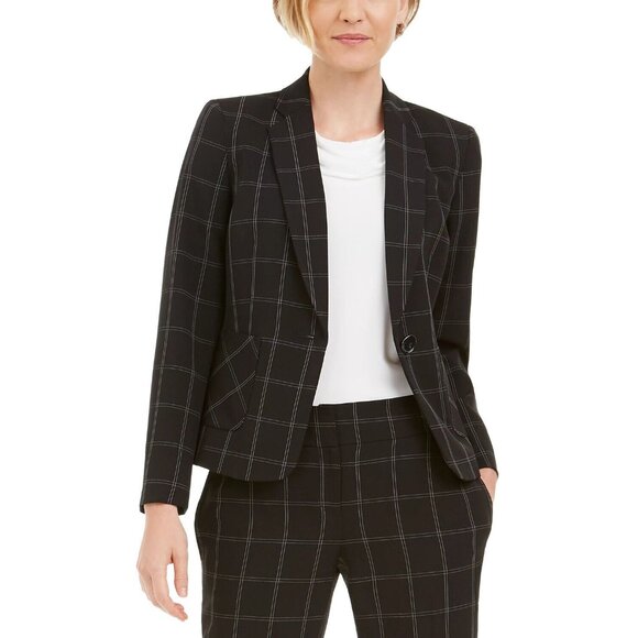 Kasper Windowpane-Plaid One-Button Blazer, Black/Vanilla, 4 - Picture 3 of 14